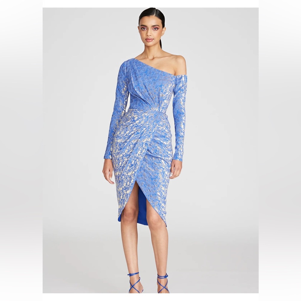 Theia One-Shoulder Blue Lace Ruched Cocktail Dress